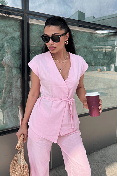 giyimmasalı Cotton Linen Fabric Vest Suit - Pink