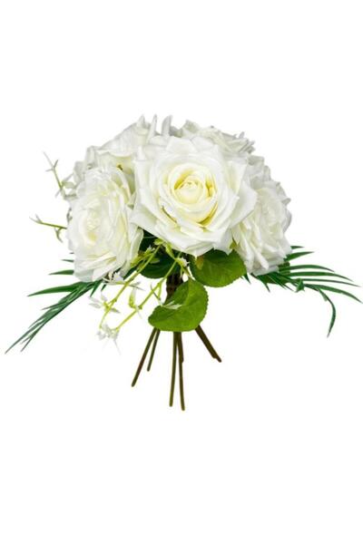 Nettenevime Yapay Çiçek Gelin Çiçeği Buketi Beyaz Gül 10lu Demet Masa Üstü Vazo Çiçeği 30cm