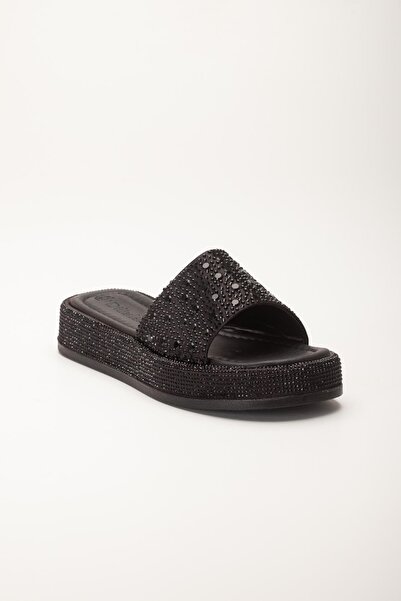 Dilimler Ayakkabı Women's Wedge Heeled Slippers Black Thick Single Strap Stone Buckle Sole Wrapped