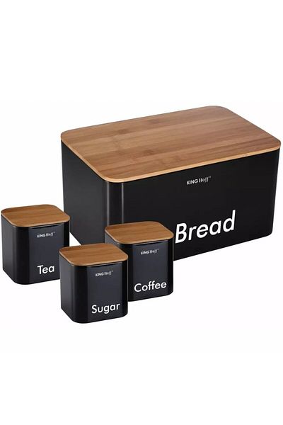 Kinghoff Black bread box set with 3 containers, steel, bamboo lids, Kinghoff KH1086