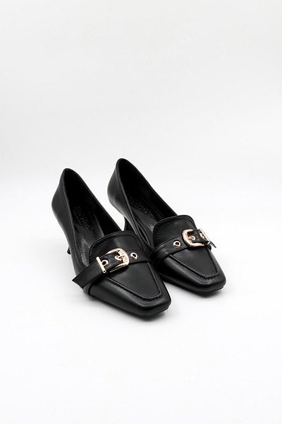 Park Moda Women's Short Heeled Buckle Casual Shoes Pm170 Black Skin