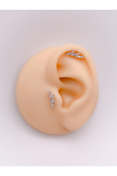 Trinos Cerrrahi Çelik Piercing ( Pirsing ) Üç İnce Taşlı Tragus Helix Piercin...
