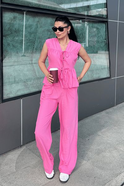 giyimmasalı Strawberry Fabric Drawstring Vest Set - Pink