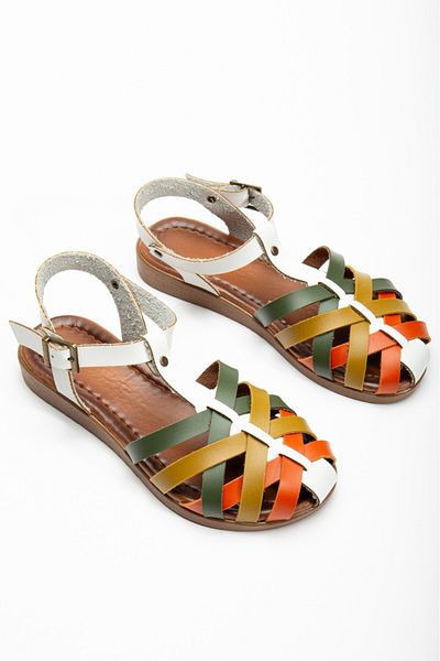 ünverdi Genuine Leather Smyrna White Garni Strap Adjustable Flat Sole Basement Sandals