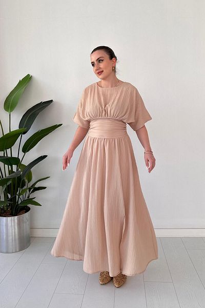 MaziButik Textured Dress with Corsage Beige