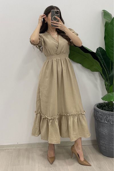 Nazline Women's Double Breasted Collar Balloon Sleeve Long Dress