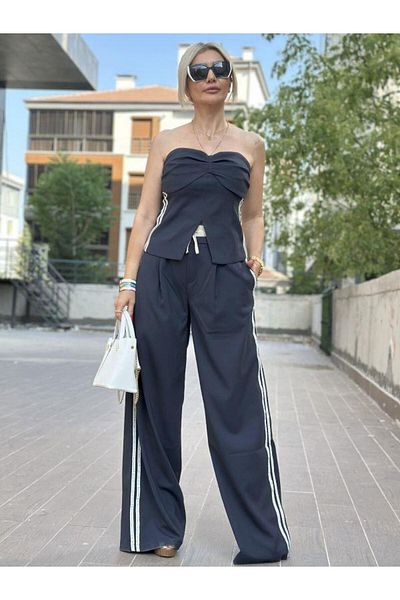 Quzu 232955 Side Striped Bustier Trousers Suit Navy Blue