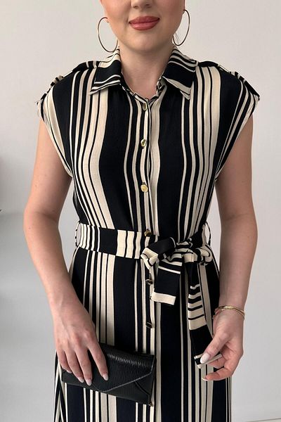 MaziButik Vertical Stripe Lined Dress Black
