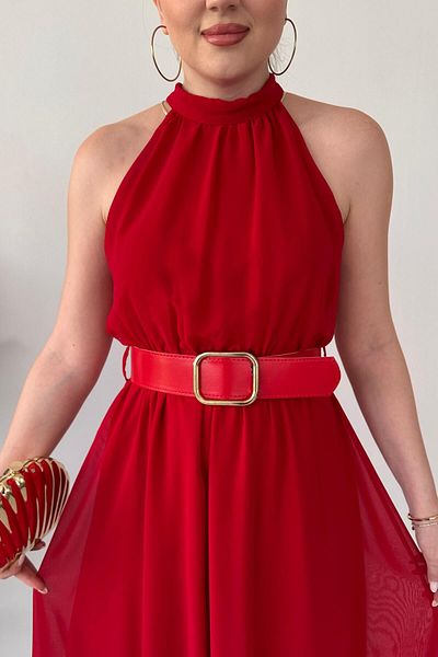 MaziButik Plain Halter Chiffon Dress Red