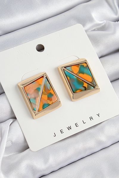 SeyCey.co Brass Orange Green Triangle Cut Detailed Square Model Vintage Gold Color Women's Earrings