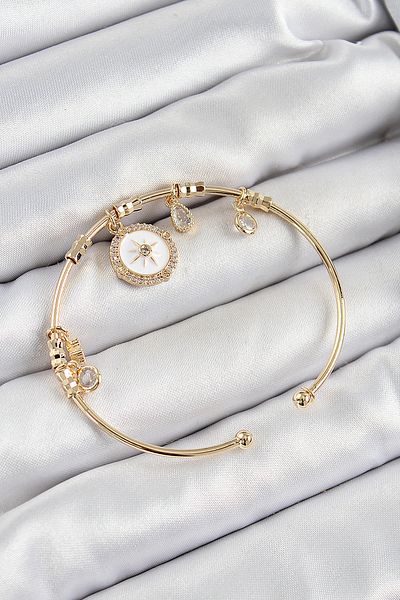 Clariss Brass Zircon Stone Compass Model Gold Color Charm Bracelet
