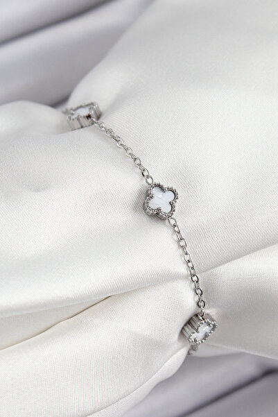 Nehir 316L Steel White Clover Model Silver Color Women's Bracelet Valentine's Day Mother's Day Teachers Women