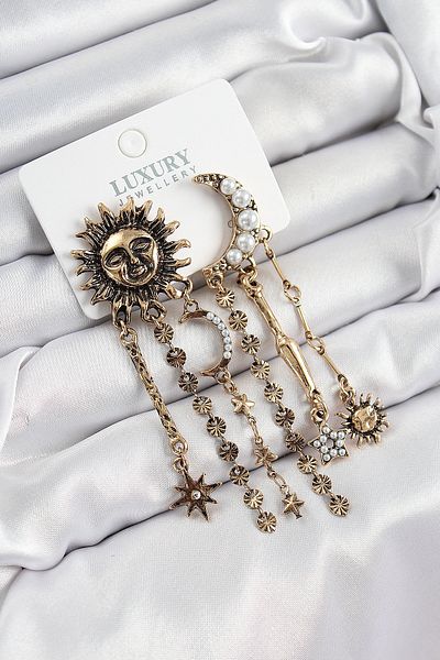 SeyCey.co Antique Model Dangle Earrings with Brass Zircon Stone Sun and Moon Figures