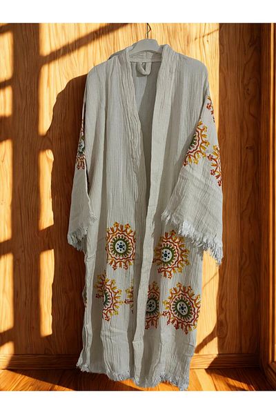 TekStilize Muslin Sun Patterned Three Quarter Sleeve Kimono (100% Cotton)