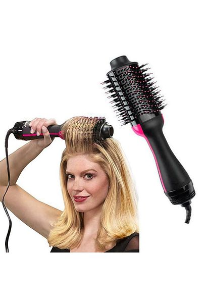 NO BRAND Perie Electrica Fixa 3 in 1 cu Aer Cald – One Step Dryer – Negru/Roz