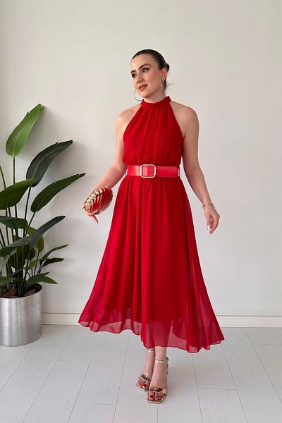 MaziButik Plain Halter Chiffon Dress Red