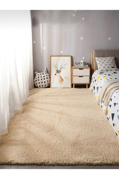 Badelya Home Bej Post Peluş Yıkanabilir Salon Yumuşak Kaymaz Dot Taban Antiba...