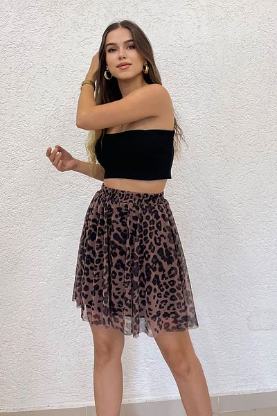 Nazline Fusta de damă cu model leopard cu detaliu din tul
