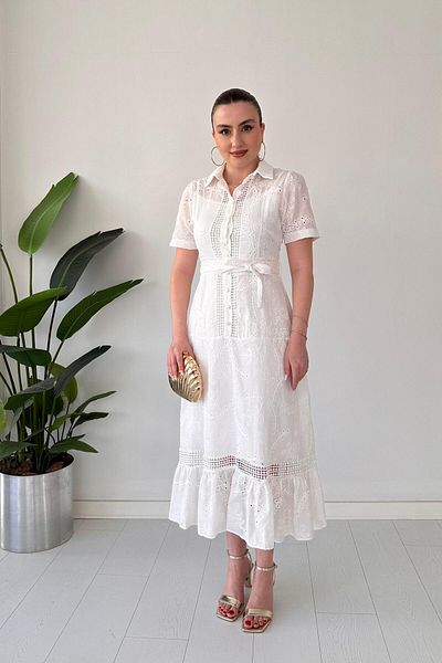 MaziButik Half Button Fisto Dress White