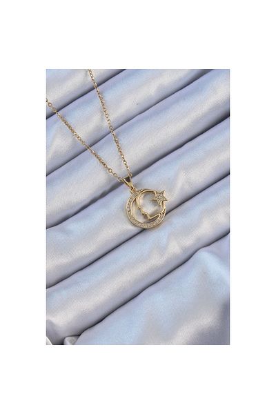 Clariss 316L سلسلة الصلب الذهب اللون الزركون حجر القمر نجمة أيقونة أتاتورك قلادة