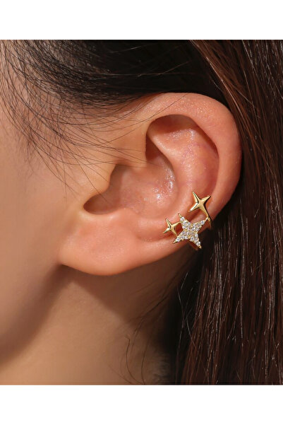 AychaAksesuar Çelik vip zirkon taşlı çoklu yıldızlı geçirmeli deliksiz kıkırdak küpe