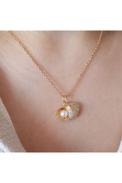 X-Lady Accessories Altın Renk Deniz Kabuğu Inci Detaylı Minimal Zirkon Taşlı Zincir Paslanmaz Çelik Kolye - 3391