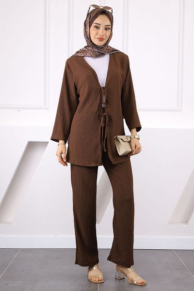 İmajButik Brown Front Tie Wrap Kimono Pants Set