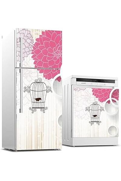 Mu Art Ahşap Refrigerator and Dishwasher White Goods Sticker Covering Spring Flower Bird