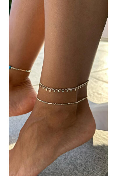 AychaAksesuar Steel Vip Minimal Star Anklet and Small Cube Anklet Set of 2 An...