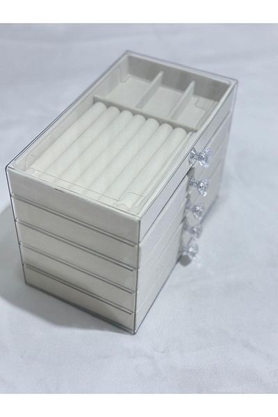 mirakuş 5 Tier Luxury Velvet Lined Jewelry Organizer with Drawers Cream Color