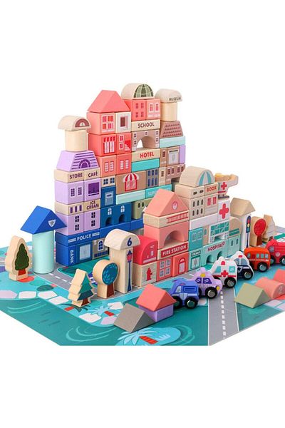 İSP Wooden Cube Construction Set 115 Pieces "Wooden Town", Motor and Intellectual Development