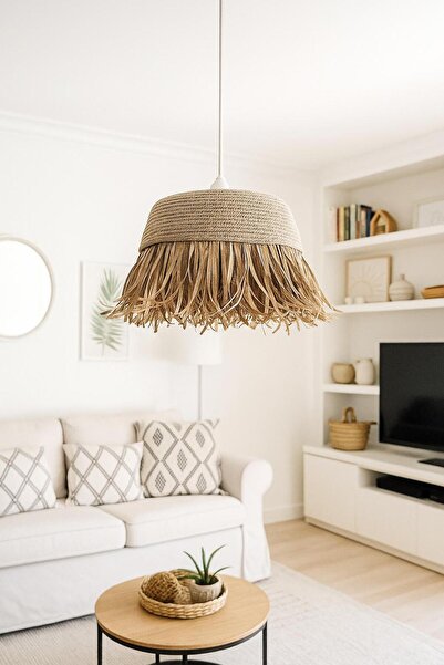 NuaCraft El Yapımı Rustik Bohem Aydınlatma Hasır Rafya Püsküllü Avize (Duy Dahildir)