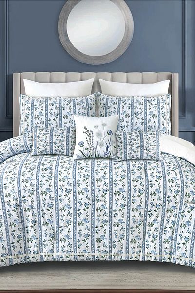 Bee Home Bed and Bath Botinical Ribbon | 6 Pieces King Comforter Set - 244 x 280 cm - Blue