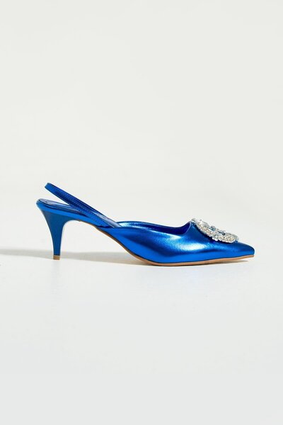 Bestyle Party Kadın Metalik Mavi Taşlı Topuklu Ayakkabı