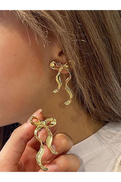 ZRA Vanilla Avenue Gold Yellow Bow Detailed Dangle Daily Use Women's Earrings