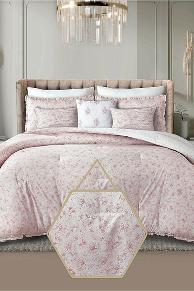 Bee Home Bed and Bath Beautiful Flower | 6 Pieces King Comforter Set - 280 X 244 Cm - Pink