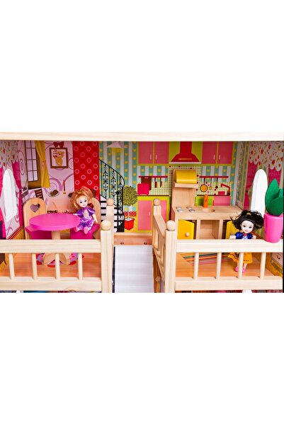 İSP Wooden dollhouse without sharp edges, "ISP Doll House Pool" with 3 Levels, 5 Rooms