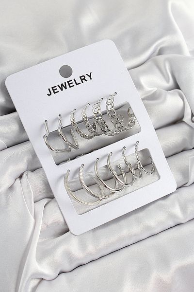 Toptan Bulurum Brass Mixed Ring Model Silver Color 6 Pairs Women's Earrings Set