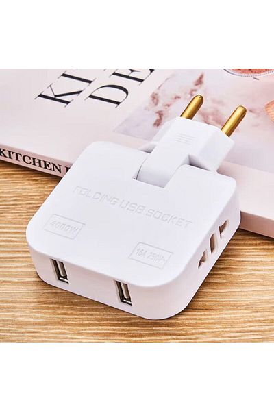 OEM Double plug-socket adapter with 2 USB ports and 180° rotation, for narrow spaces