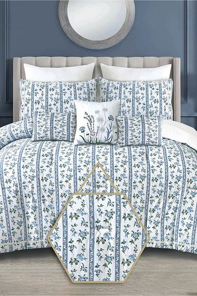 Bee Home Bed and Bath Botinical Ribbon | 6 Pieces King Comforter Set - 244 x 280 cm - Blue