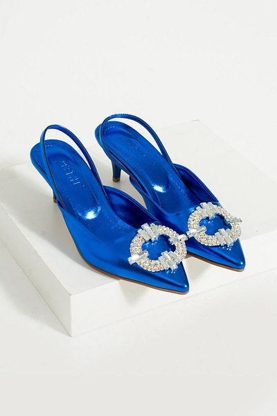 Bestyle Party Women's Metallic Blue Stone Heeled Shoes