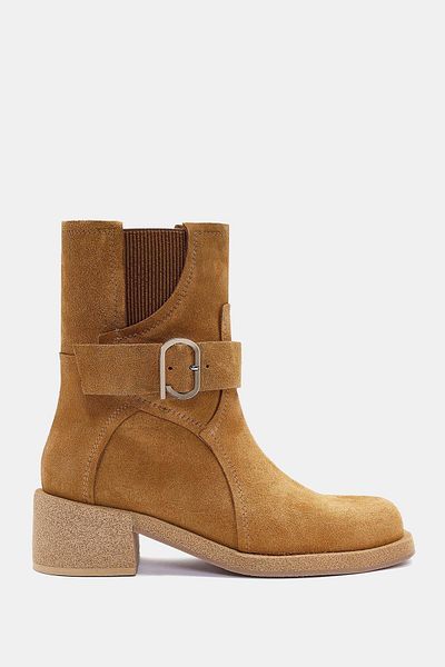 Bestyle Rafles Women's Camel Real Suede Leather Buckle Detailed Thick Heeled Boots
