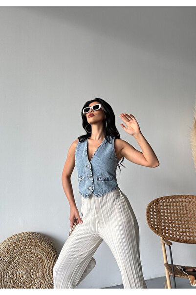 WODDİ Franny Жіночі сині джинси з деталями на застібці, кишенями та ґудзиками, укорочені джинсові жилети