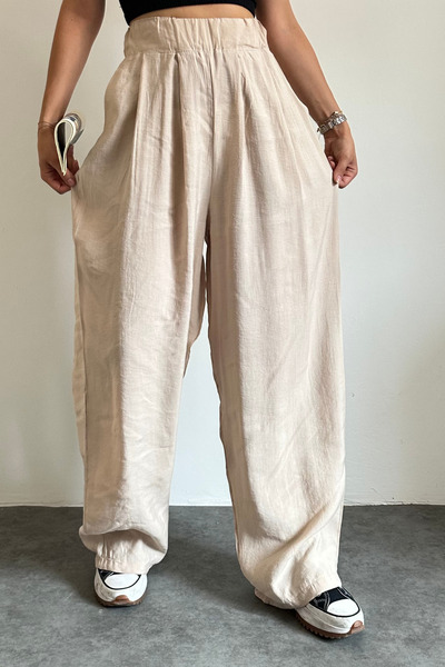 adba style Beli Lastikli Paraşüt Kumaş Bol Kesim Palazzo Kadın Pantolon 4017