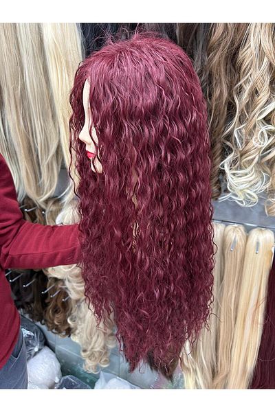 AKOLİFE Red Long Curly Afro Wig - Human Hair Texture
