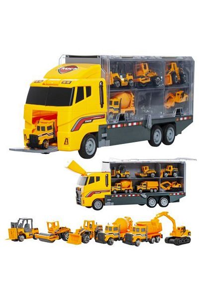 OEM Set de Masinute, Tir Truck, Camion cu 6 Masini de Constructie, 36 cm Lungime, cu Panou Transparent,