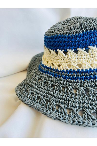 ESDE Gray and Blue Colored Stylish Design Hand Knitted Straw Hat