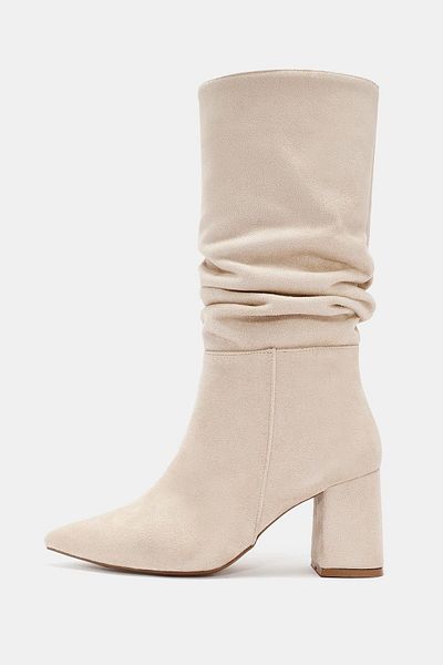 Bestyle Luna Women's Beige Pointed Toe Thick Heeled Boots