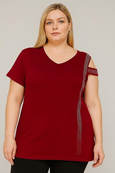 Nüans Kırmızı Omuz Taşlı Kadın Tshirt