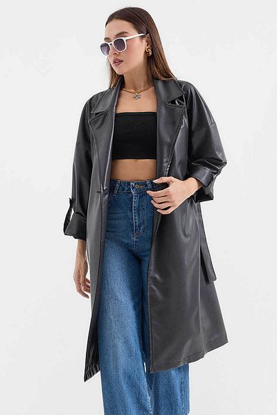 Bigdart Faux Leather Black Women's Trench Coat 1034